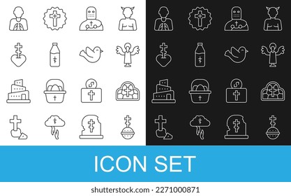 Set line Christian cross, Stained glass, Angel, Knight crusader, Holy water bottle, Religious heart, Hands praying position and Dove icon. Vector