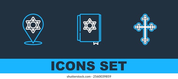 Set line Christian cross, Star of David and Jewish torah book icon. Vector