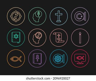 Set line Christian fish, Burning candle, cross, Yin Yang, Jewish torah book, Decree, paper, parchment, scroll and Cross ankh icon. Vector