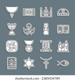 Set line Christian fish, Burning candles, The commandments, Muslim Mosque, Jesus, Hanukkah menorah, cross on chain and Priest icon. Vector
