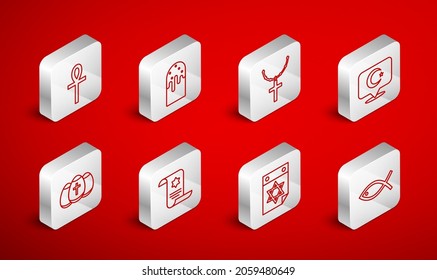 Set line Christian fish, Easter cake, cross on chain, Star and crescent, Jewish calendar, Cross ankh, Torah scroll and egg icon. Vector