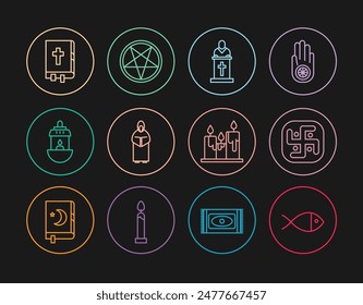 Set line Christian fish, Jainism, Church pastor preaching, Monk, Ramadan Kareem lantern, Holy bible book, Burning candles and Pentagram circle icon. Vector