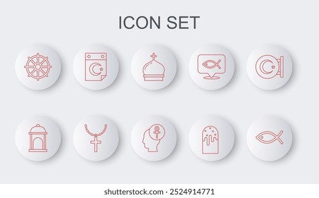 Set line Christian fish, Muslim Mosque, Church tower, Easter cake, Dharma wheel, Star and crescent, cross on chain and Cross ankh icon. Vector