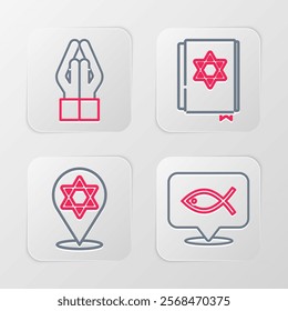 Set line Christian fish, Star of David, Jewish torah book and Hands in praying position icon. Vector