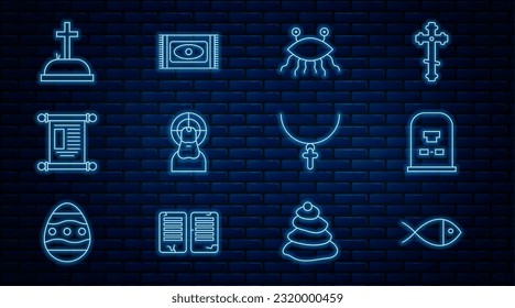 Set line Christian fish, Tombstone with RIP written, Pastafarianism, Jesus, Decree, paper, parchment, scroll, cross, chain and Traditional carpet icon. Vector