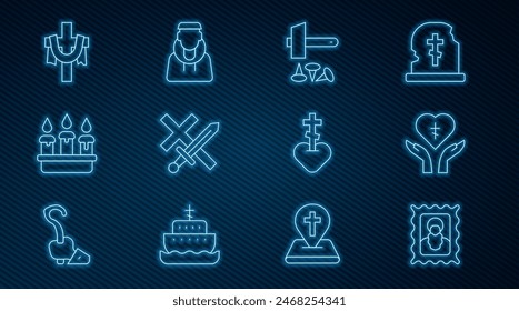 Set line Christian icon, Religious cross in heart, Crucifixion of Jesus, Crusade, Burning candle candlestick,  and Monk icon. Vector