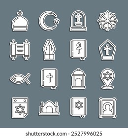 Set line Christian icon, Star of David, Pope hat, Tombstone with cross, Hands in praying position, Decree, paper, parchment, scroll, Church tower and Cross ankh book icon. Vector