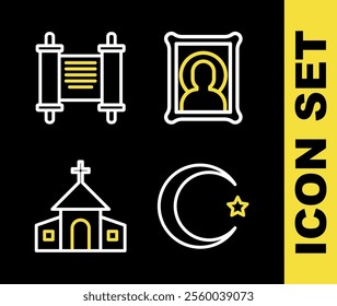 Set line Christian icon, Star and crescent, Church building and Decree, paper, parchment, scroll icon. Vector