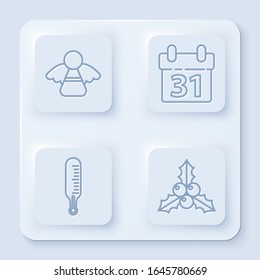 Set line Christmas angel, Calendar, Meteorology thermometer measuring and Branch viburnum or guelder rose. White square button. Vector