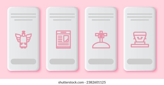 Set line Christmas angel, Obituaries, Grave with cross and Coffin. White rectangle button. Vector