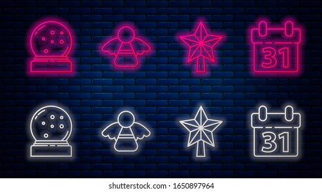 Set line Christmas angel, Christmas star, Christmas snow globe with fallen snow and Calendar. Glowing neon icon on brick wall. Vector