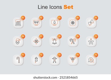Set line Christmas ball, Branch viburnum, Holiday gingerbread man cookie, Firework rocket, Candy cane with stripes, star,  and ringing bell icon. Vector