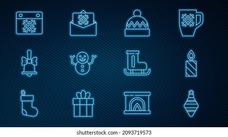 Set line Christmas ball, Burning candle, Winter hat, snowman, Merry ringing bell, Calendar, Figure skates and postcard icon. Vector