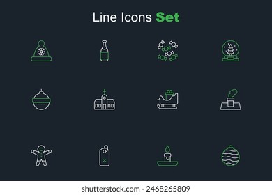 Set line Christmas ball, Burning candle, Discount percent tag, Holiday gingerbread man cookie, chimney, santa claus sleigh, Church building and  icon. Vector