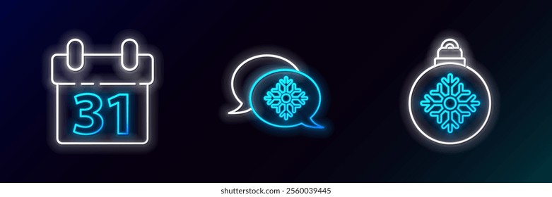 Set line Christmas ball, Calendar and Snowflake with speech bubble icon. Glowing neon. Vector