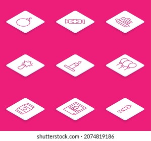 Set line Christmas ball, Candy, Cake, star, Burning candle, Balloons with ribbon, Beer and postcard icon. Vector