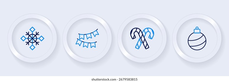 Set line Christmas ball, Candy cane with stripes, Carnival garland flags and Snowflake icon. Vector