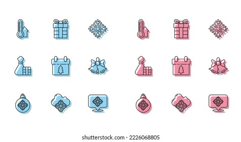 Set line Christmas ball, Cloud with snow, Meteorology thermometer measuring, Snowflake speech bubble, Calendar, Merry ringing bell, Gift box and bag and  icon. Vector