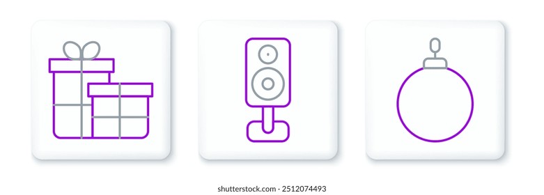 Set line Christmas ball, Gift box and Stereo speaker icon. Vector