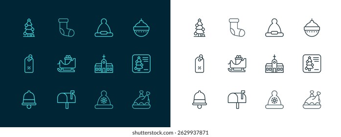 Set line Christmas ball, Mail box, Church building, Santa Claus hat, santa claus sleigh, tree and stocking icon. Vector
