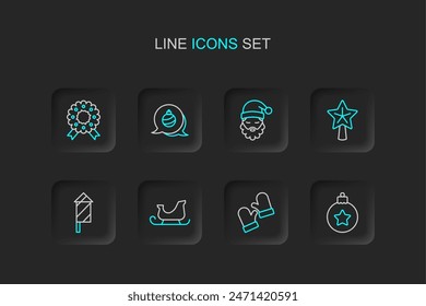 Set line Christmas ball, mittens, santa claus sleigh, Firework rocket, star, Santa Claus hat and beard,  and wreath icon. Vector
