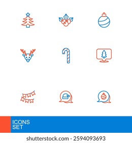Set line Christmas ball, Santa Claus hat, Carnival garland with flags, tree, Reindeer, Candy cane stripes,  and Branch viburnum icon. Vector