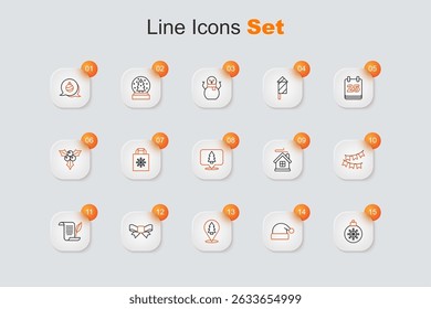 Set line Christmas ball, Santa Claus hat, tree, Gift bow, Envelope, Carnival garland with flags, Merry house and  icon. Vector