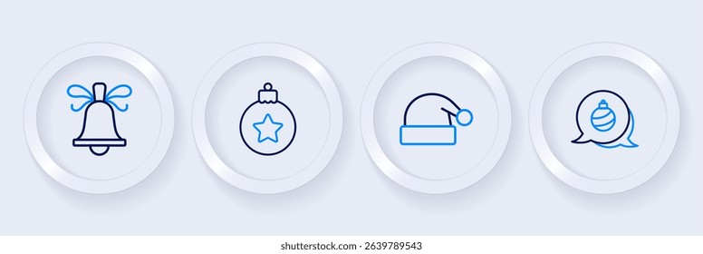 Set line Christmas ball, Santa Claus hat,  and ringing bell icon. Vector