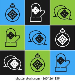 Set line Christmas ball, Snowflake with speech bubble and Christmas mitten icon. Vector