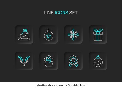 Set line Christmas ball, wreath, snowman, Reindeer, Gift box, Snowflake,  and santa claus sleigh icon. Vector