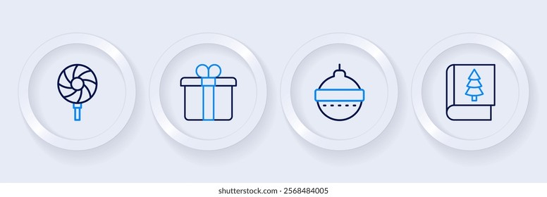 Set line Christmas book, ball, Gift box and Lollipop icon. Vector