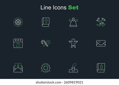 Set line Christmas book, chimney, wreath, Envelope, Holiday gingerbread man cookie, Candy cane with stripes and calendar icon. Vector