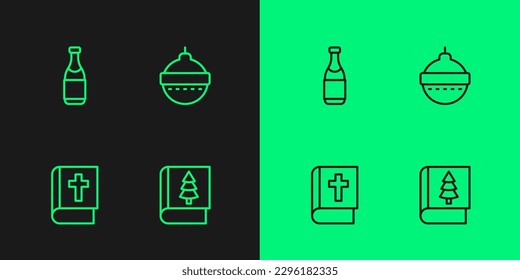 Set line Christmas book, Holy bible, Champagne bottle and ball icon. Vector
