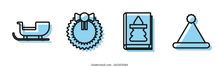 Set line Christmas book, Christmas santa claus sleigh, Christmas wreath and Christmas Santa Claus hat icon. Vector