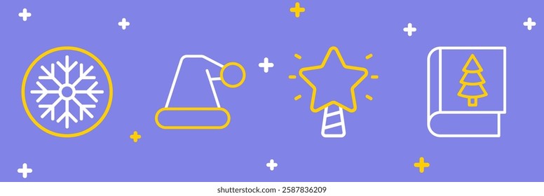 Set line Christmas book, star, Santa Claus hat and Snowflake icon. Vector