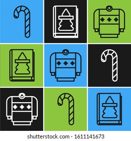 Set line Christmas candy cane with stripes, Christmas sweater and Christmas book icon. Vector