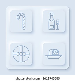 Set line Christmas candy cane with stripes, Champagne bottle and glass of champagne, Gift box and Marzipan sponge cake. White square button. Vector