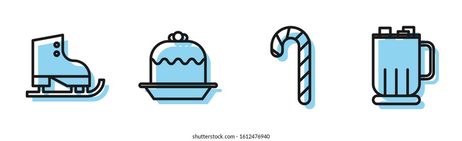 Set line Christmas candy cane with stripes, Figure skates, Cake and Hot chocolate cup with marshmallows icon. Vector