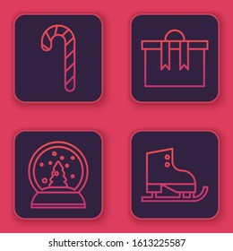 Set line Christmas candy cane with stripes, Christmas snow globe, Gift box and Figure skates. Blue square button. Vector