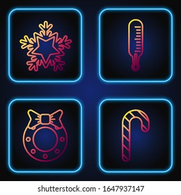 Set line Christmas candy cane with stripes, Christmas wreath, Snowflake and Meteorology thermometer measuring. Gradient color icons. Vector