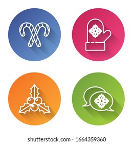 Set line Christmas candy cane with stripes, Christmas mitten, Branch viburnum or guelder rose and Snowflake with speech bubble. Color circle button. Vector
