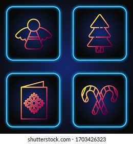 Set line Christmas candy cane with stripes, Christmas postcard, Christmas angel and Christmas tree. Gradient color icons. Vector