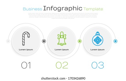 Set line Christmas candy cane with stripes, Merry Christmas ringing bell and Christmas ball. Business infographic template. Vector