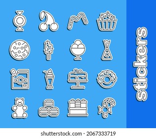 Set line Christmas candy cane, Donut, Candy, Jelly worms, Ice cream, Cookie biscuit,  and in bowl icon. Vector