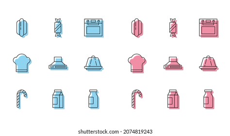 Set line Christmas candy cane, Paper package for milk, Hotdog sandwich, Bottle with, Kitchen extractor fan, Pudding custard, Chef hat and Candy icon. Vector