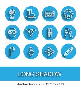 Set line Christmas candy cane, ball, Snowflake, Snowboard, Branch viburnum, Glass of champagne and Ski sticks icon. Vector