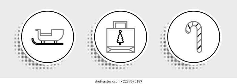 Set line Christmas candy cane with stripes, santa claus sleigh and paper shopping bag icon. Vector