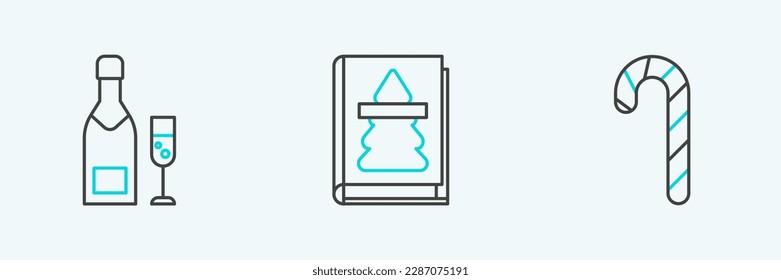Set line Christmas candy cane with stripes, Champagne bottle glass of champagne and book icon. Vector