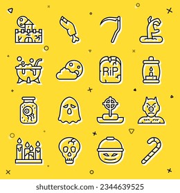 Set line Christmas candy cane, Krampus, heck, Camping lantern, Scythe, Moon stars, Halloween witch cauldron, Castle, fortress and Tombstone with RIP written icon. Vector