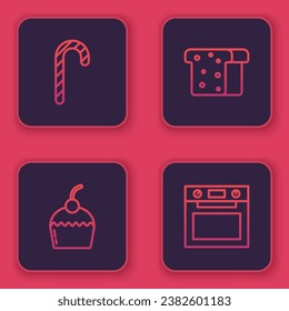Set line Christmas candy cane, Cake, Bread toast and Oven. Blue square button. Vector